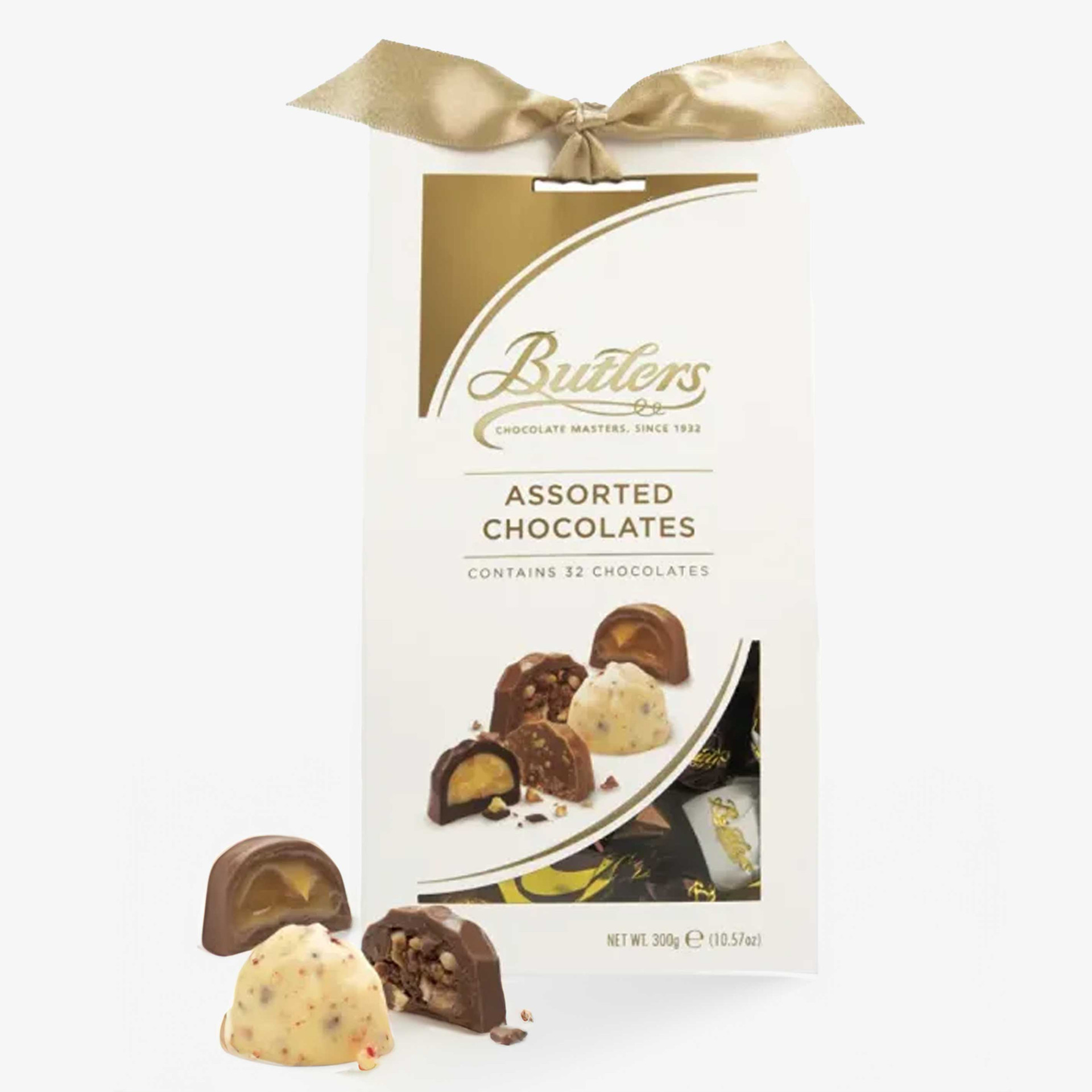 Butlers Assorted Chocolates gift bag containing 32 individually wrapped milk, dark and white chocolates, finished with a gold ribbon.