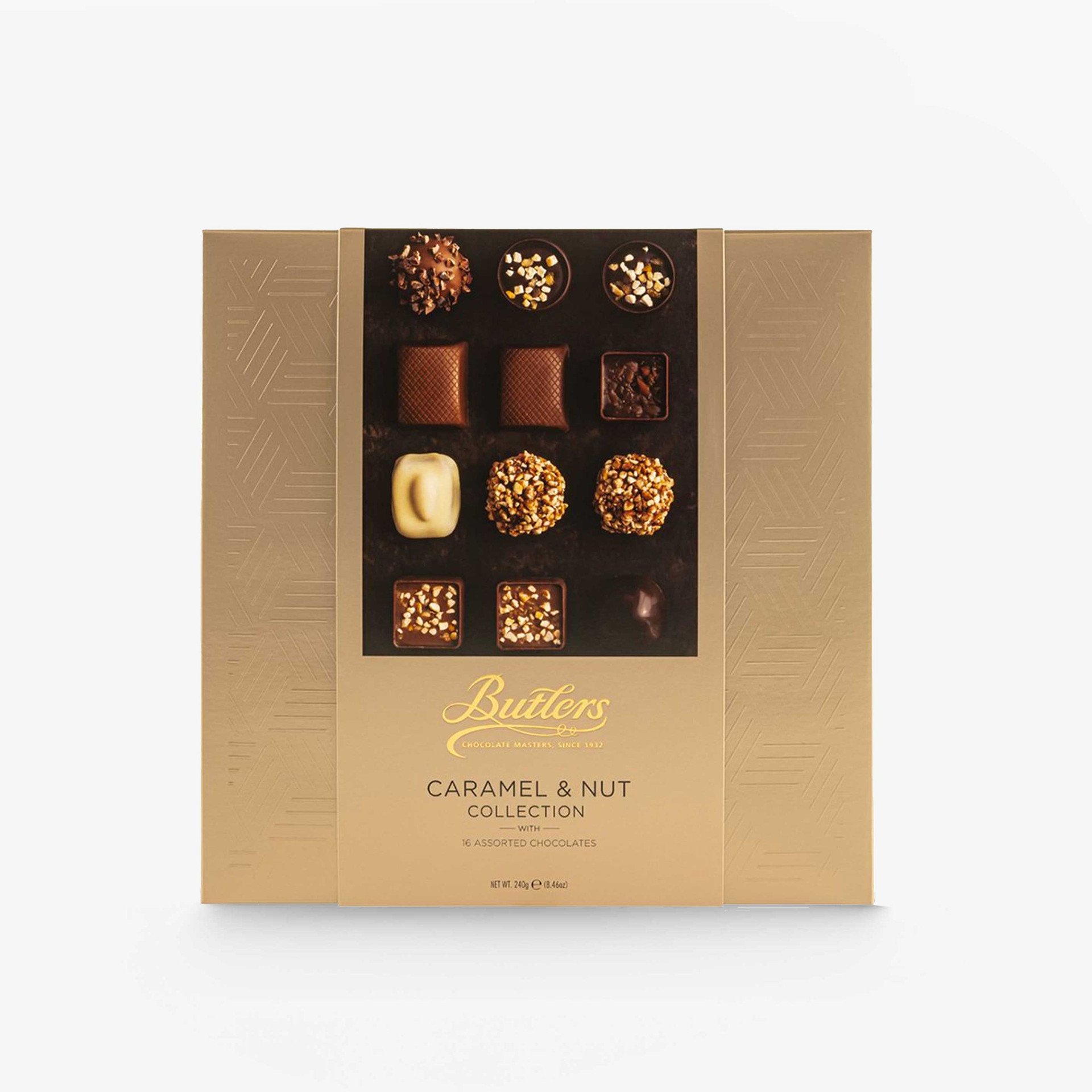 Butlers Caramel & Nut Collection gift box containing 16 assorted chocolates with caramel and nut toppings.