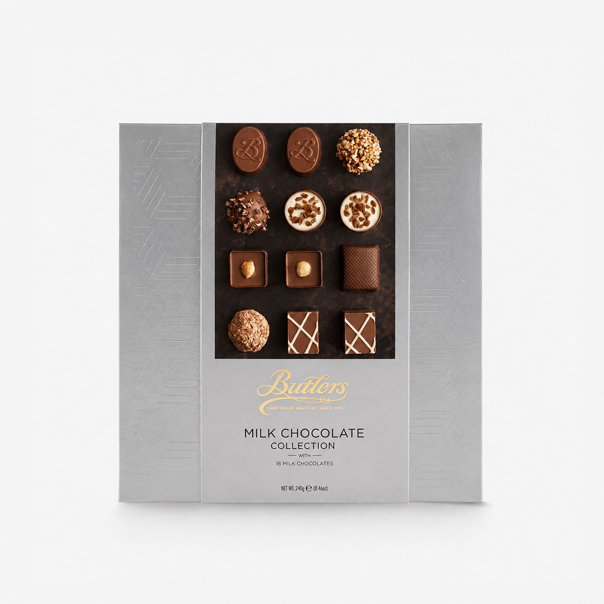 Butlers Milk Chocolate Collection gift box containing 16 assorted milk chocolates with decorative toppings and fillings.