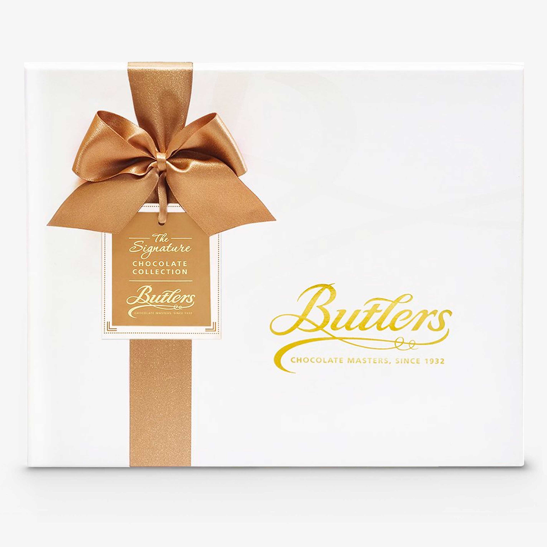 Butlers Signature Chocolate Collection gift box in white packaging, finished with a gold ribbon and bow.
