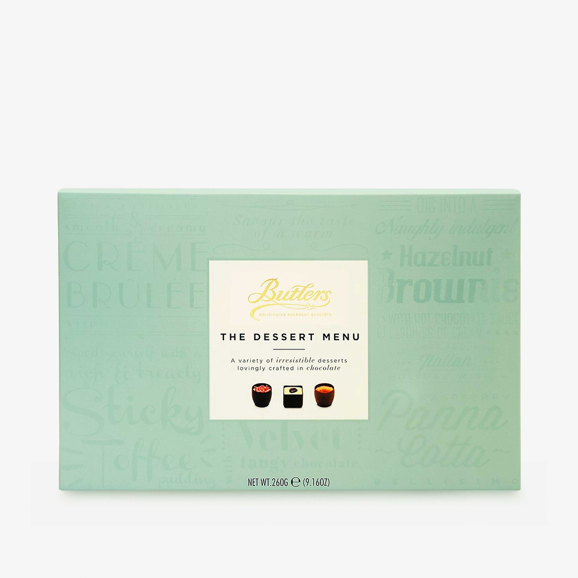 Butlers The Dessert Menu chocolate collection in a mint green gift box, featuring an assortment of dessert-inspired chocolates.