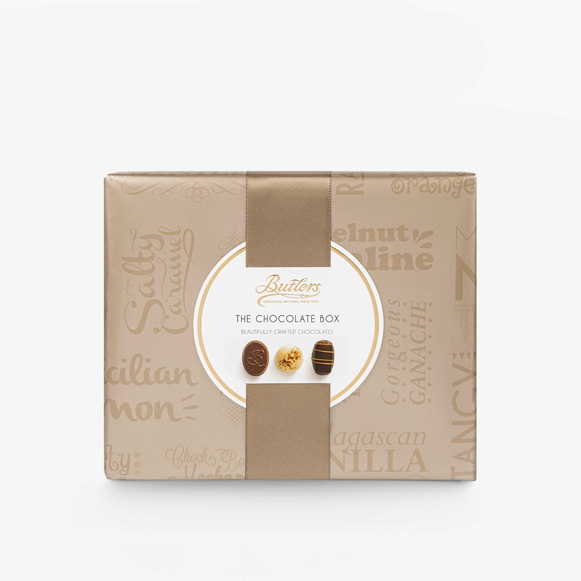 Butlers The Chocolate Box assortment in a square gold gift box, featuring a selection of beautifully crafted chocolates.