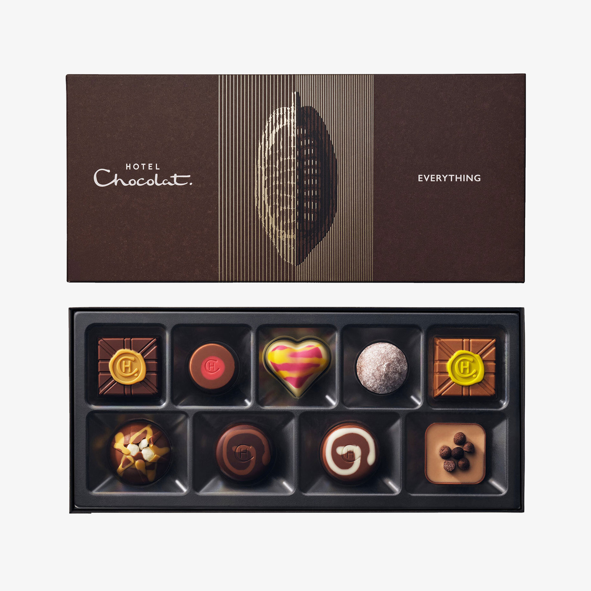Hotel Chocolat Everything chocolate selection box containing an assortment of decorated milk, dark and white chocolates.