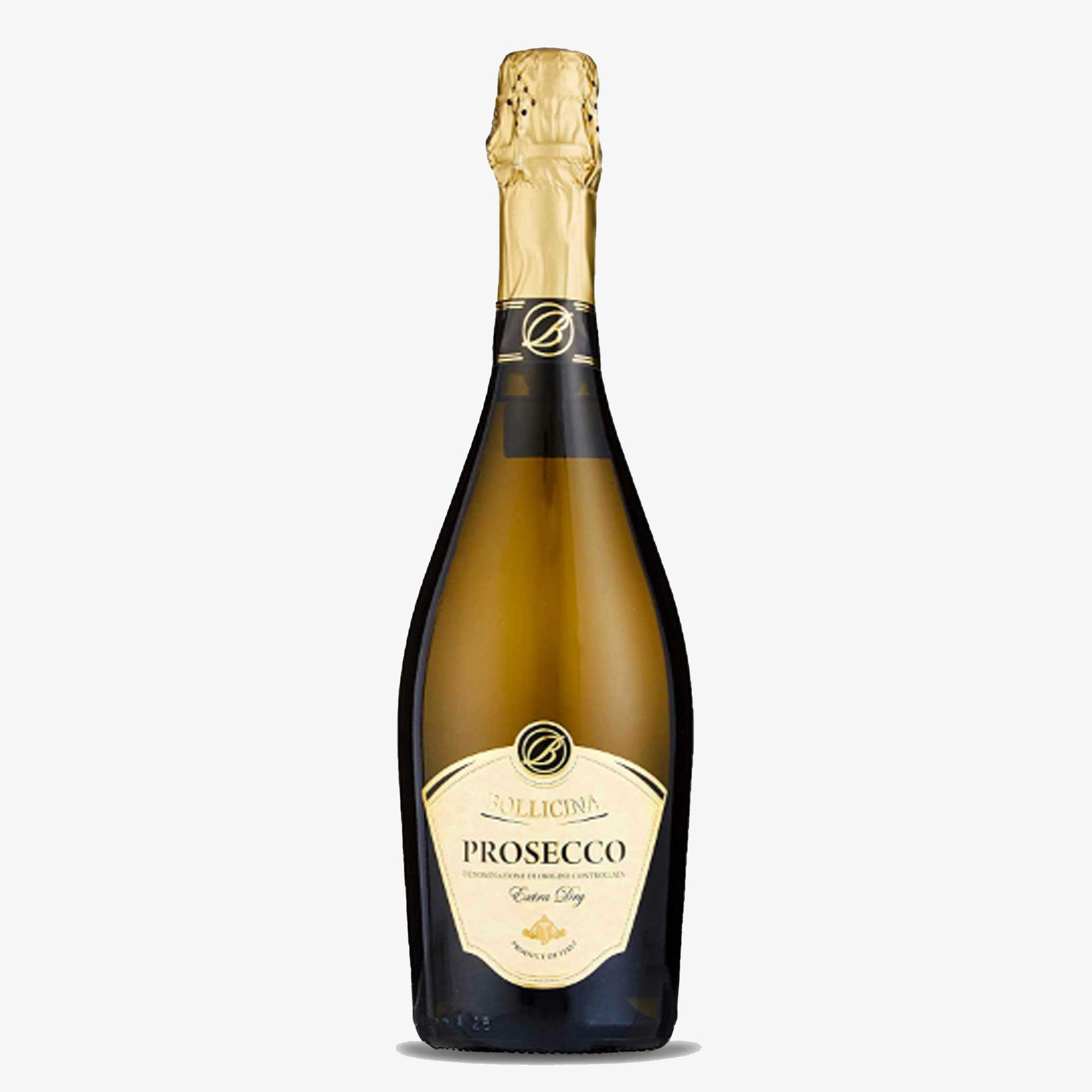 Bottle of Bollicina Prosecco Extra Dry with gold foil neck and cream label