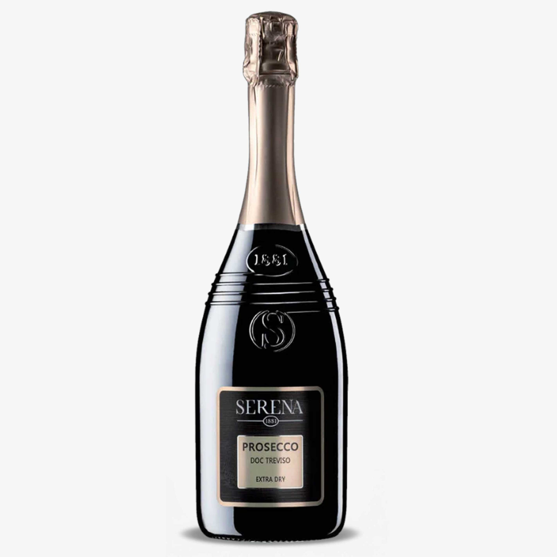 Bottle of Serena 1881 Prosecco DOC Treviso Extra Dry with a black bottle and gold foil neck