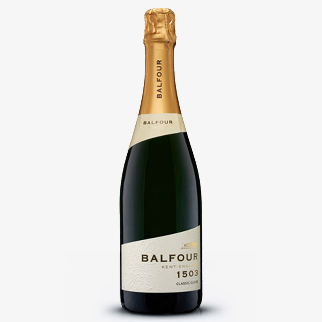 Bottle of Balfour 1503 Classic Cuvée English sparkling wine with gold foil neck and cream label