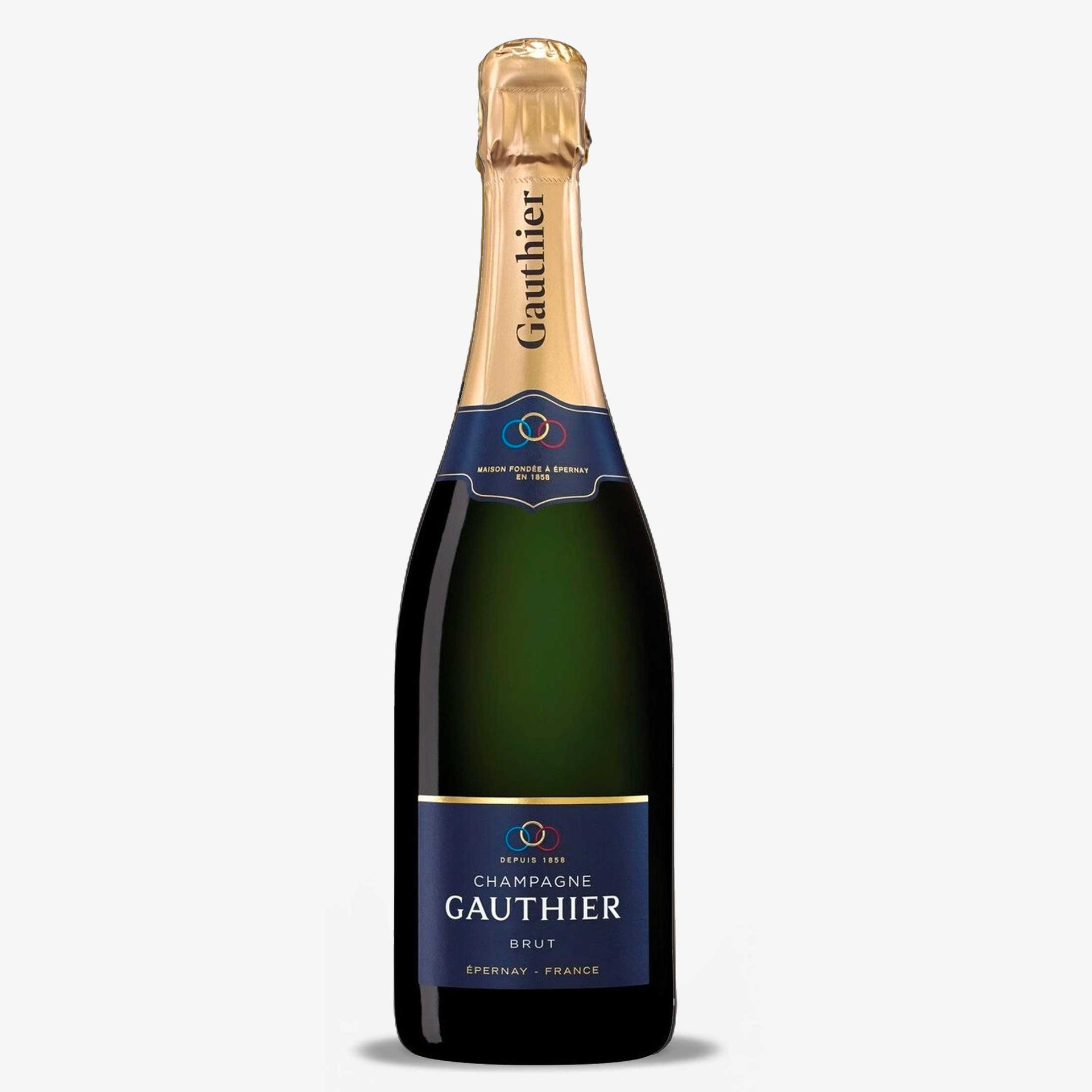 Bottle of Champagne Gauthier Brut with gold foil neck and navy blue label