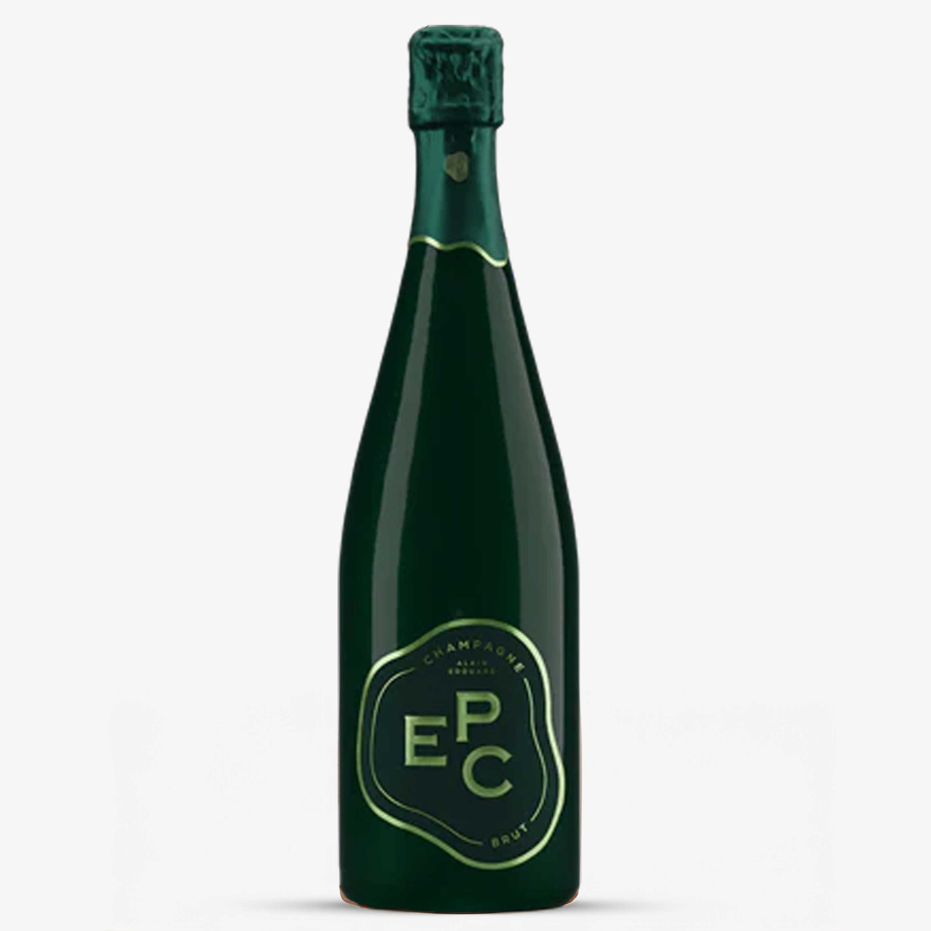 Bottle of EPC Brut Champagne in a dark green bottle with matching green foil and gold-accented label