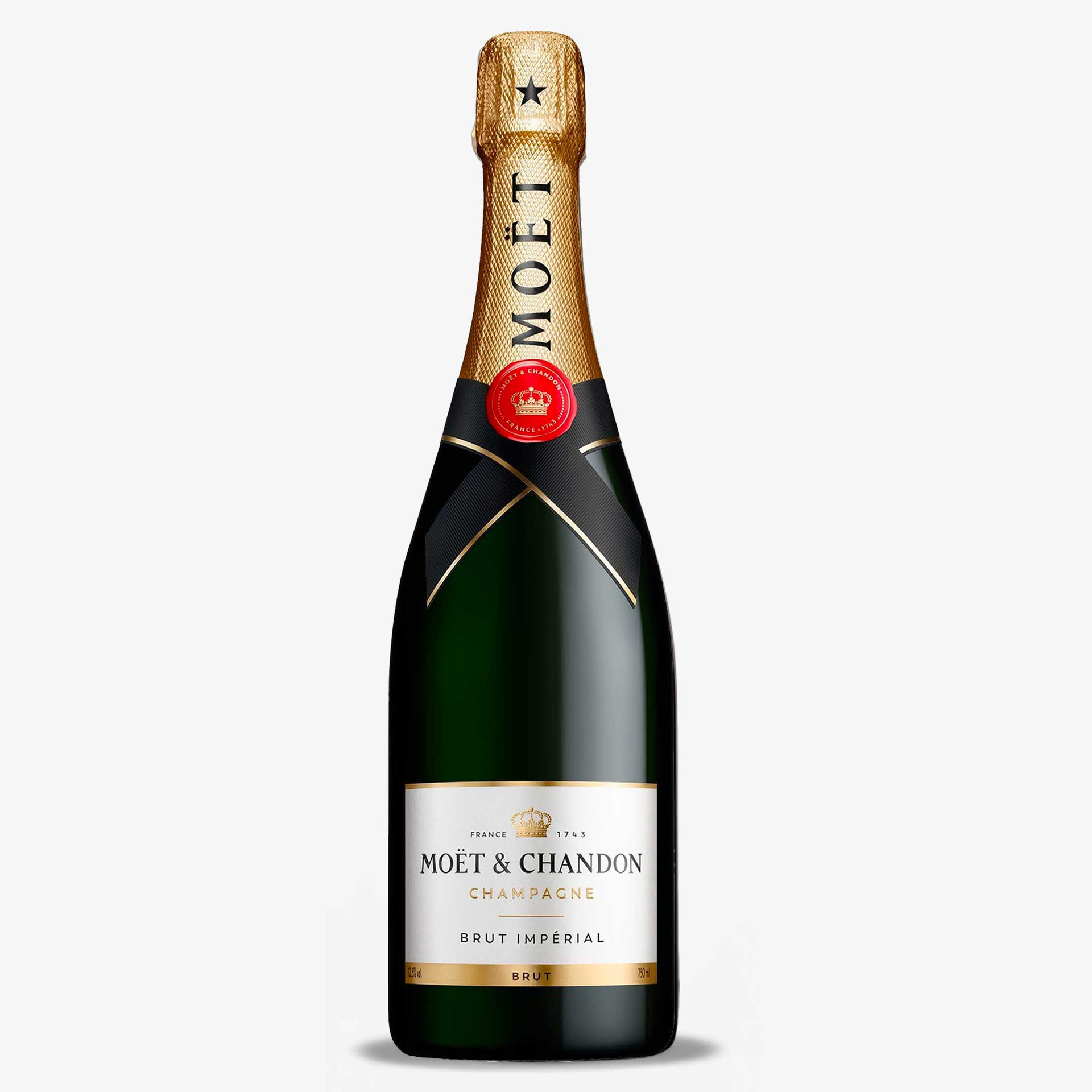 Bottle of Moët & Chandon Brut Impérial Champagne with gold foil neck and white and gold label