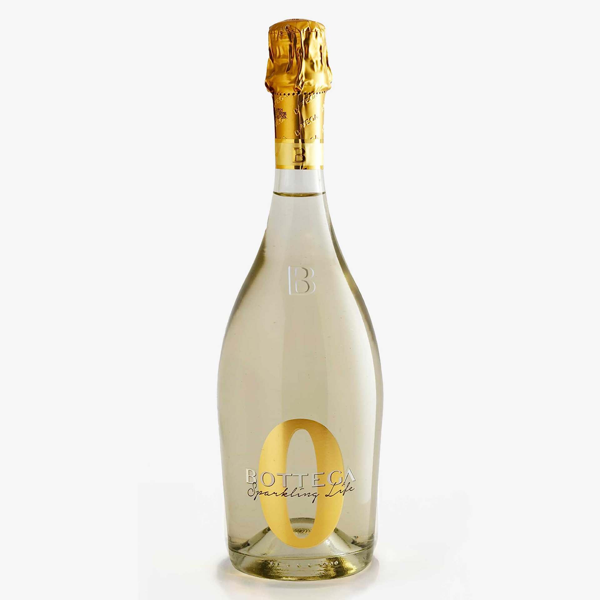 Bottle of Bottega Sparkling Life alcohol-free sparkling wine in a clear bottle with gold foil and gold detailing