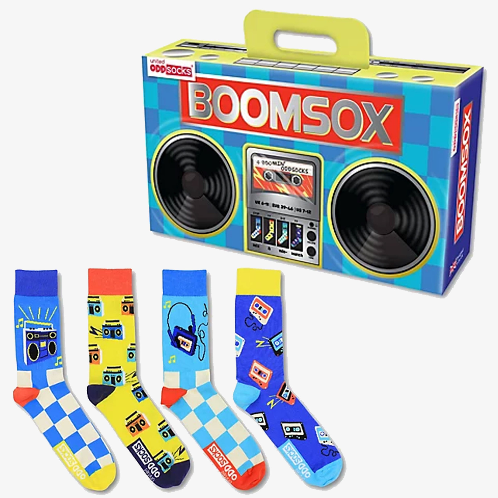 United Oddsocks Boomsox gift box styled like a retro boombox, with four colourful mismatched socks featuring cassette, headphone and music-themed designs.
