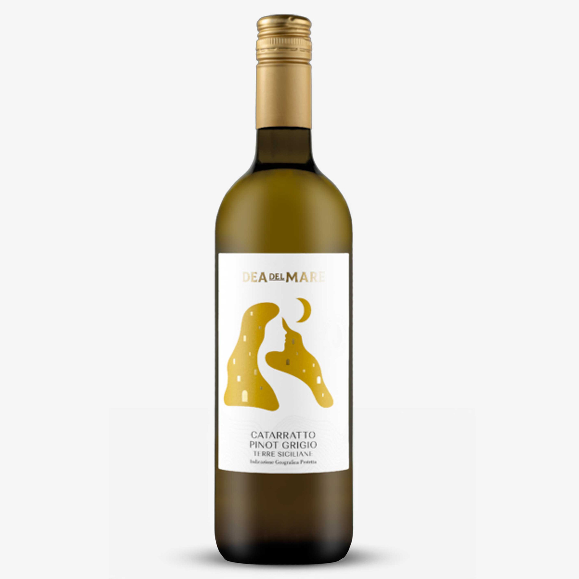 Dea del Mare Catarratto Pinot Grigio white wine bottle with a gold screw cap and white label featuring a stylised gold coastal illustration.