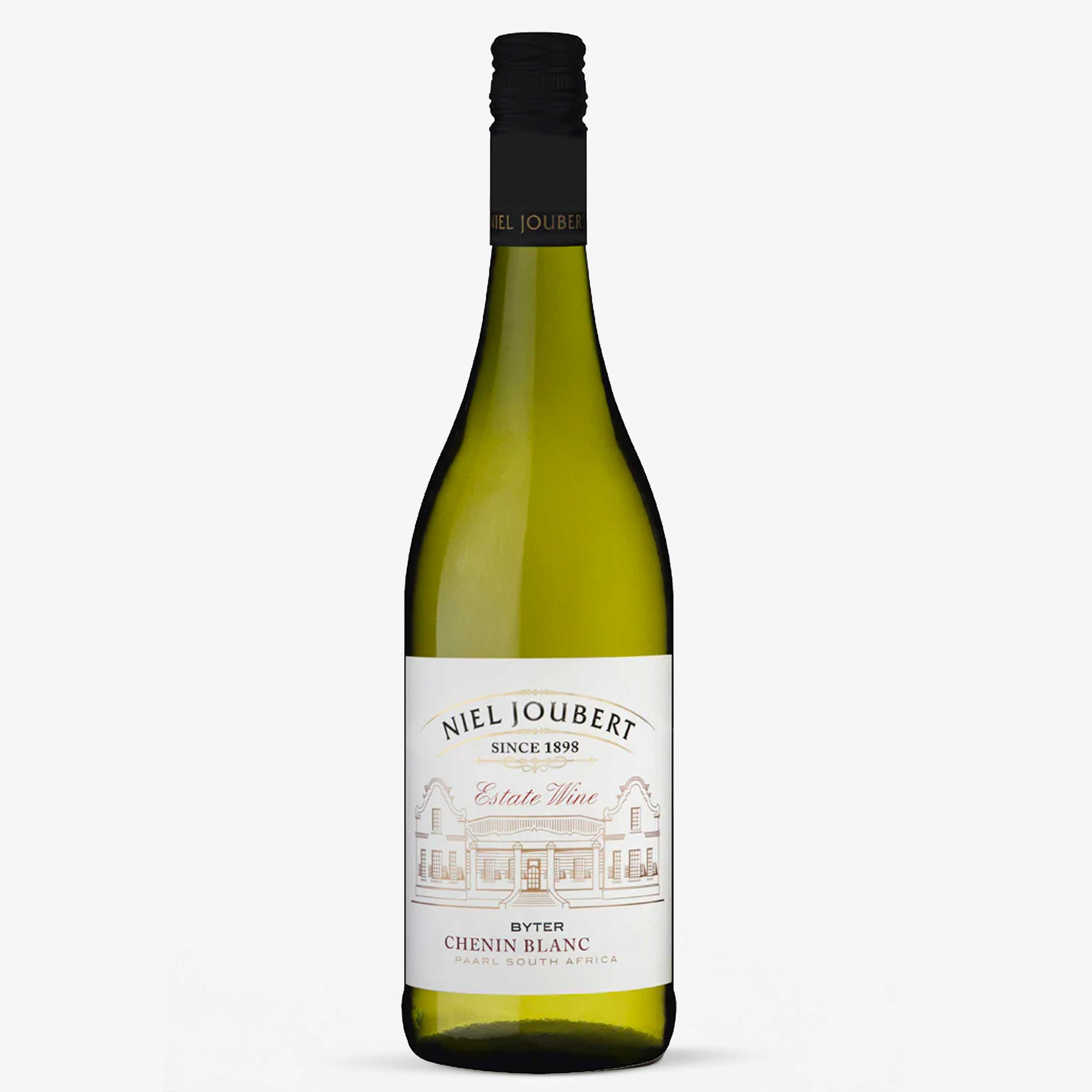 Niel Joubert Estate Wine Byter Chenin Blanc from Paarl, South Africa, presented in a green glass bottle with a white illustrated label and black screw cap.