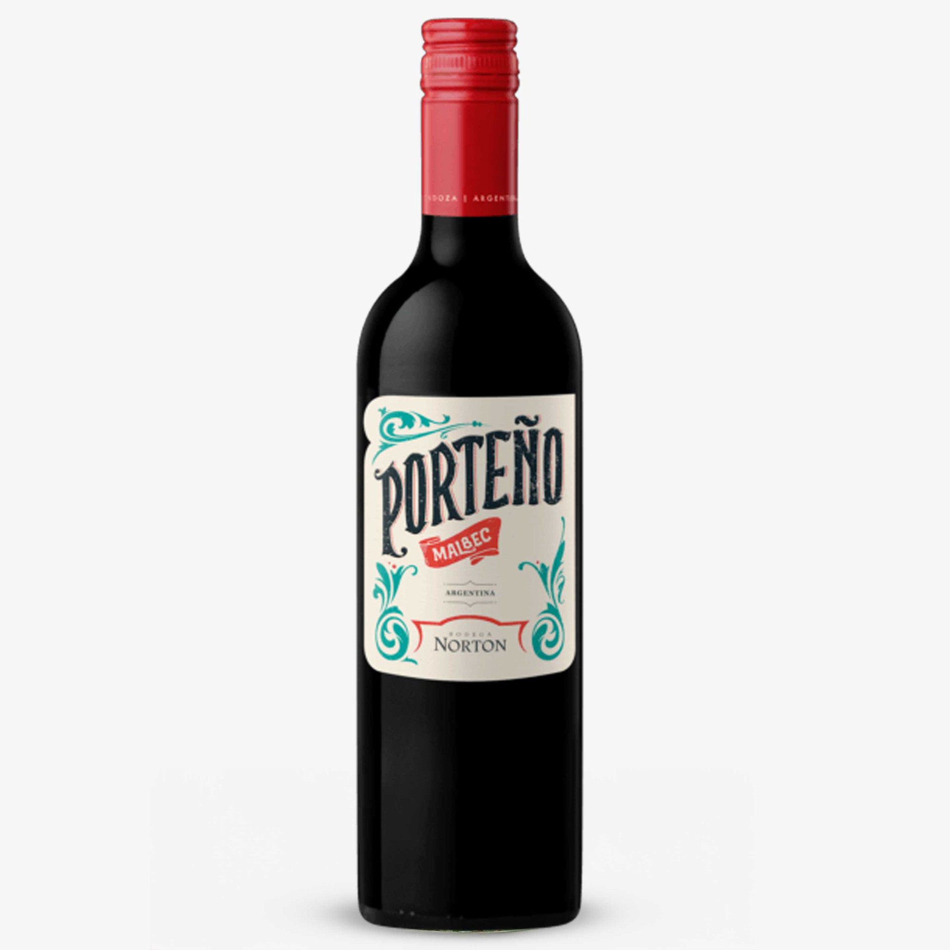 Porteño Malbec red wine from Argentina by Norton, presented in a dark glass bottle with a red screw cap and decorative cream, turquoise and red label.