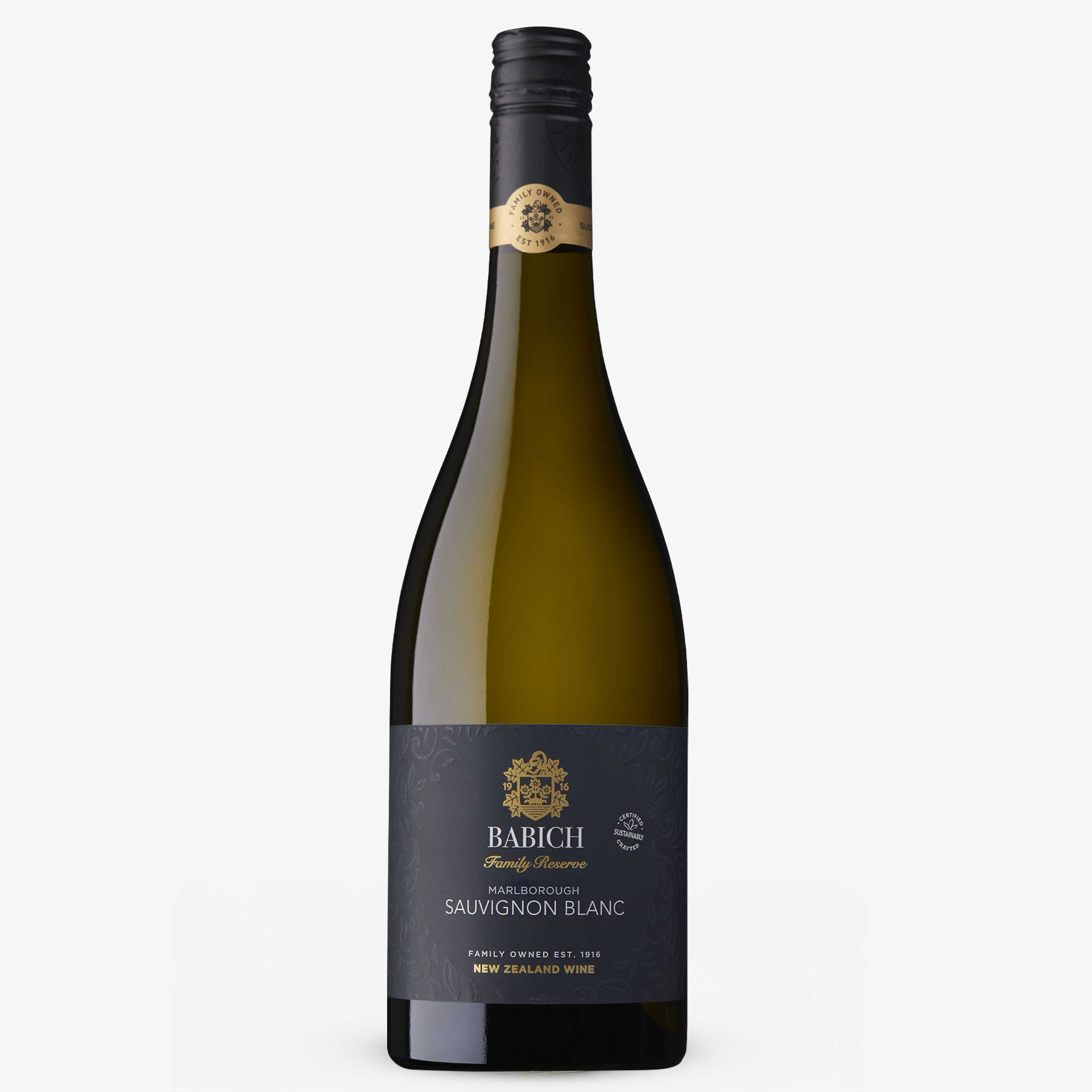Babich Family Reserve Marlborough Sauvignon Blanc from New Zealand, presented in a green glass bottle with a black screw cap and elegant charcoal-grey and gold label.