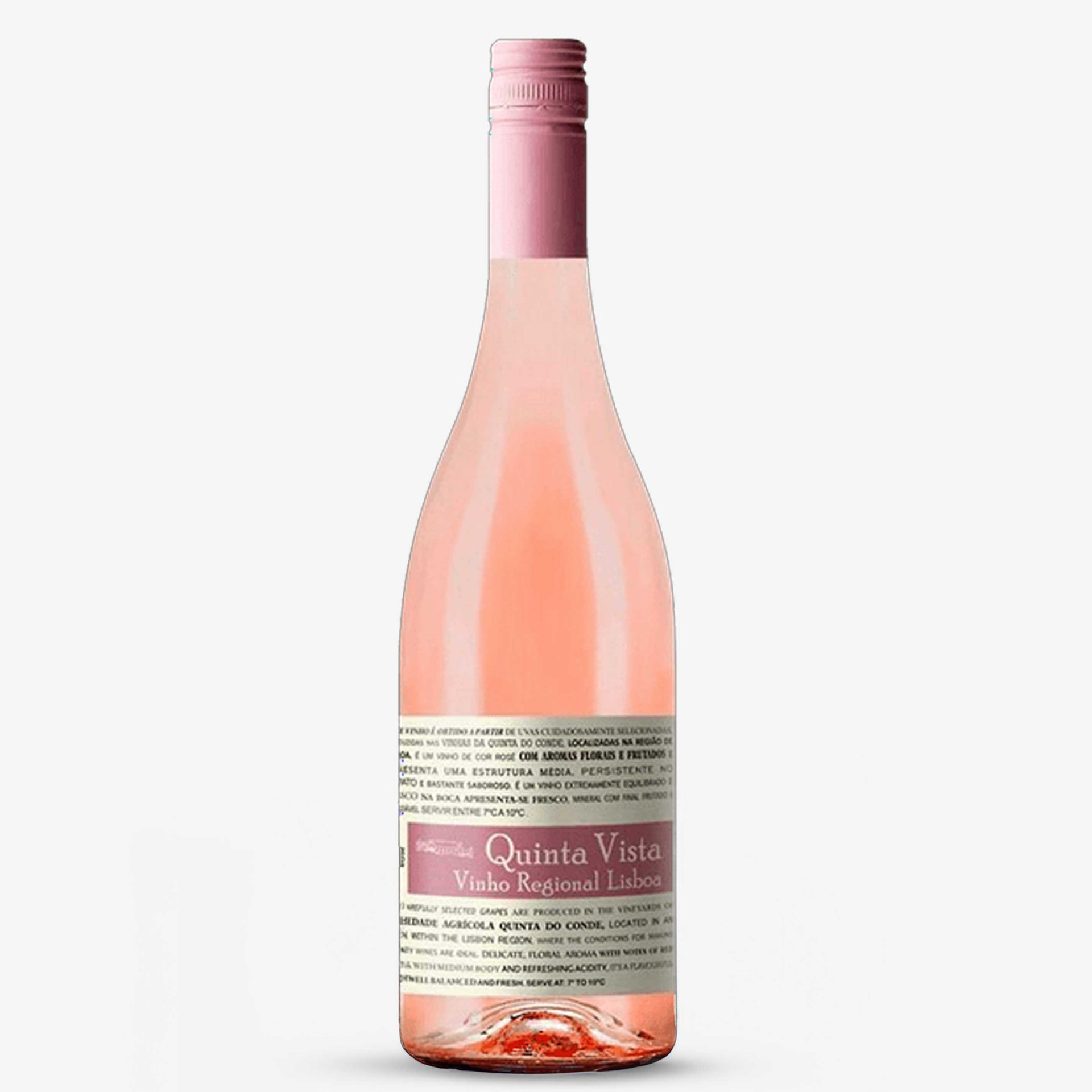 Quinta Vista Vinho Regional Lisboa rosé wine from Portugal, presented in a clear glass bottle with pale pink wine, a pink screw cap and a white and rose-coloured label.
