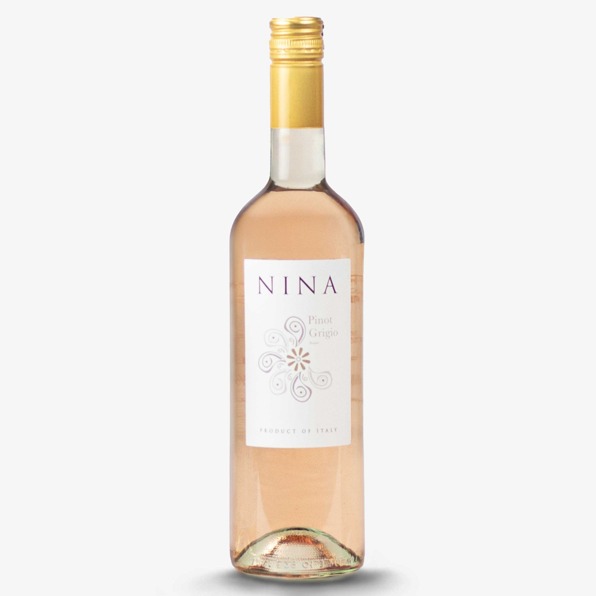 Nina Pinot Grigio rosé wine from Italy, presented in a clear glass bottle with pale pink wine, a gold screw cap and a minimalist white floral label.