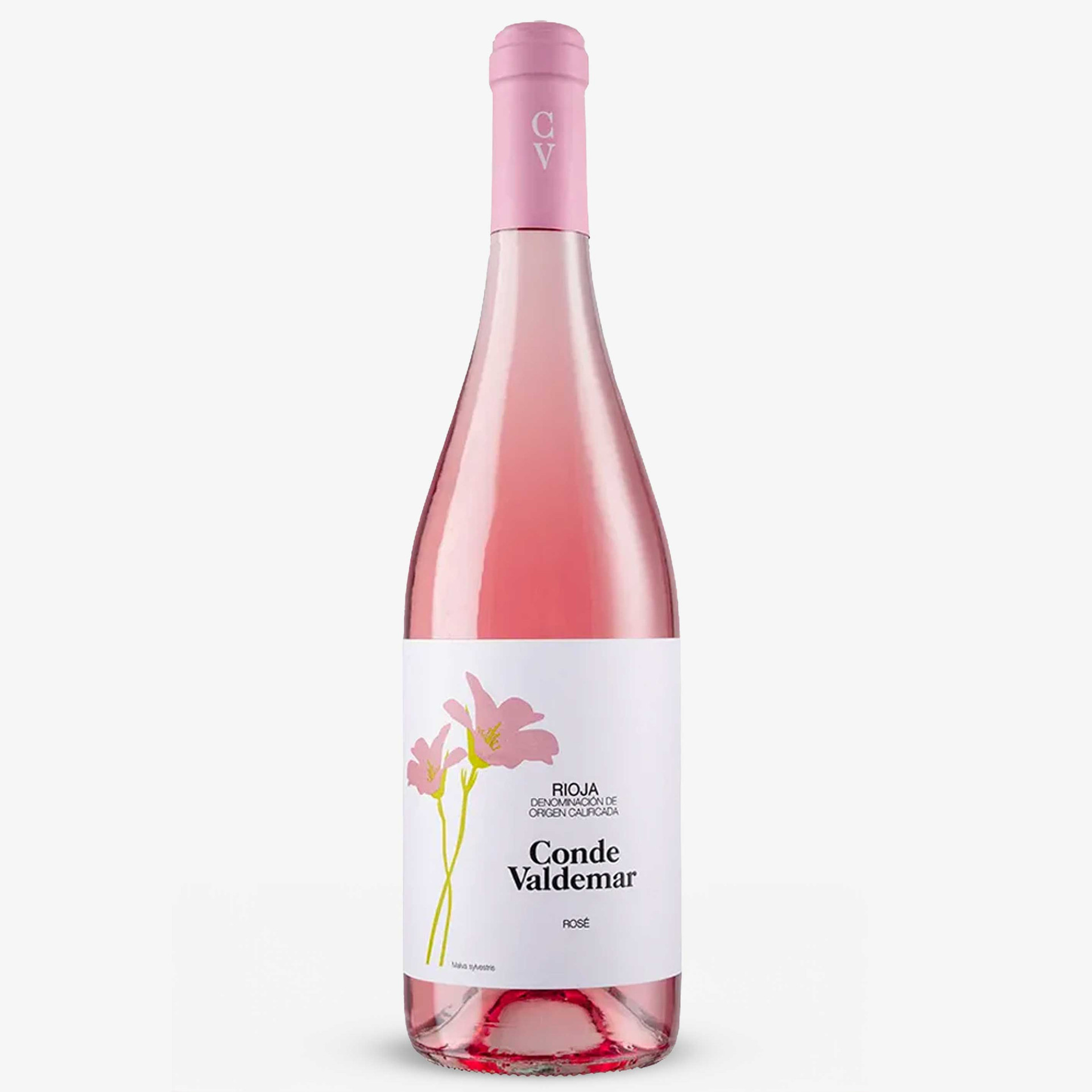 Conde Valdemar Rosé Rioja wine from Spain, presented in a clear glass bottle with vibrant pink wine, a pink capsule and a white floral label.