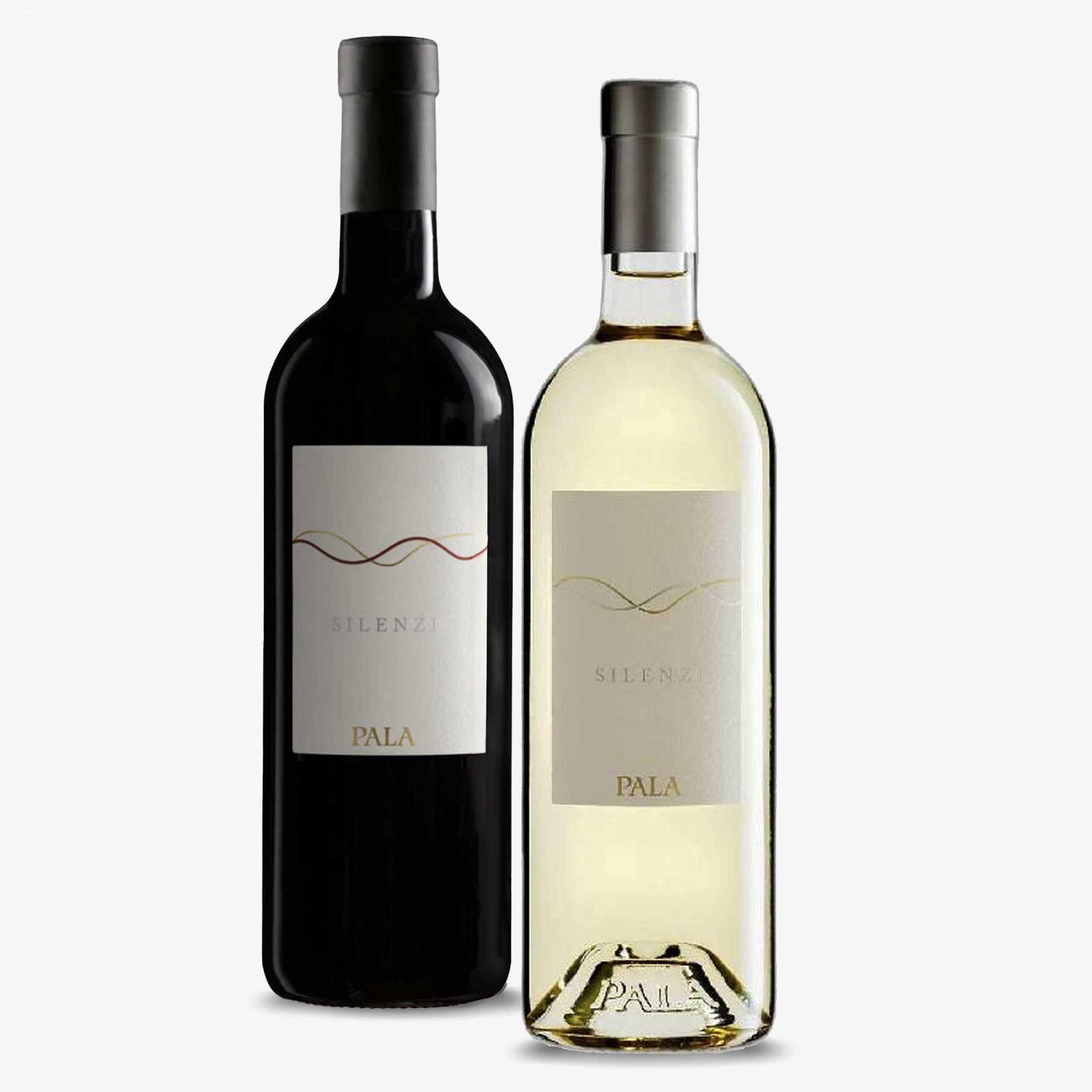 Two Pala Silenzi wines displayed side by side: a dark red wine bottle and a pale white wine bottle, both featuring minimalist cream labels with delicate wave designs.