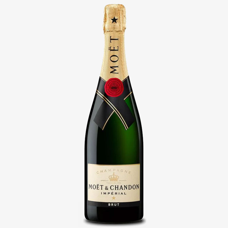Bottle of Moët & Chandon Impérial Brut Champagne with gold foil neck and cream label.