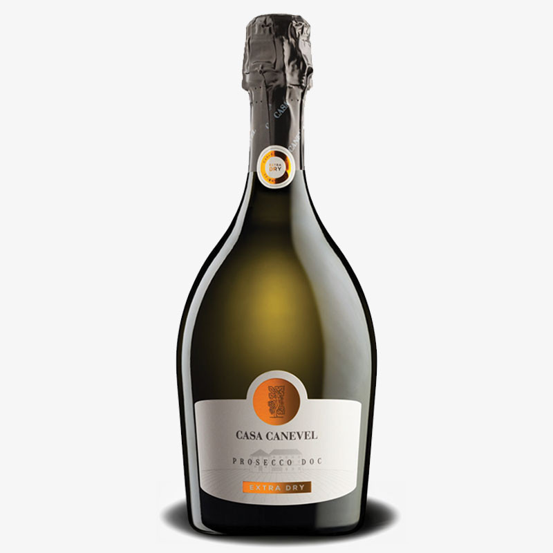 Bottle of Casa Canevel Prosecco DOC Extra Dry with white and bronze label.