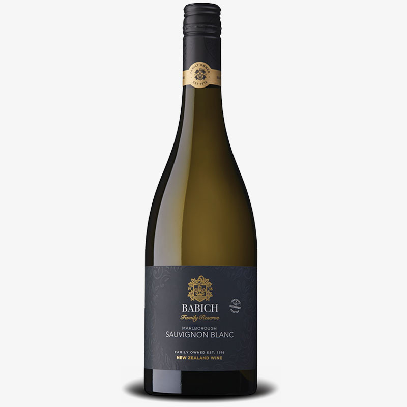 Bottle of Babich Family Reserve Marlborough Sauvignon Blanc with navy and gold label.