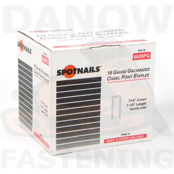 Spotnails 6609PG 16 Gauge Medium Crown Staples - 1-1/8" Leg, 7/16" Crown - 10,000 Count Box