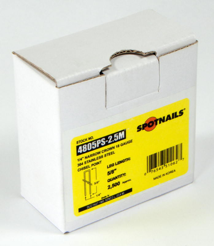 Spot Nails 18 Gauge Stainless Steel Staples – 1/4" Crown, 5/8" Leg, 304 Stainless, 2,500 Per Box, For Professional Contractors
