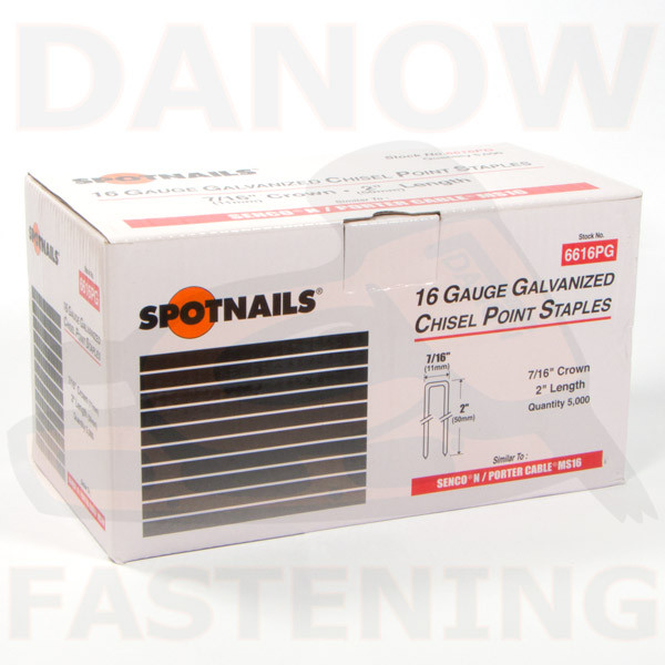 2" Length 16 Gauge 7/16" Crown Galv Staples - 5,000 per Box - 6616PG
