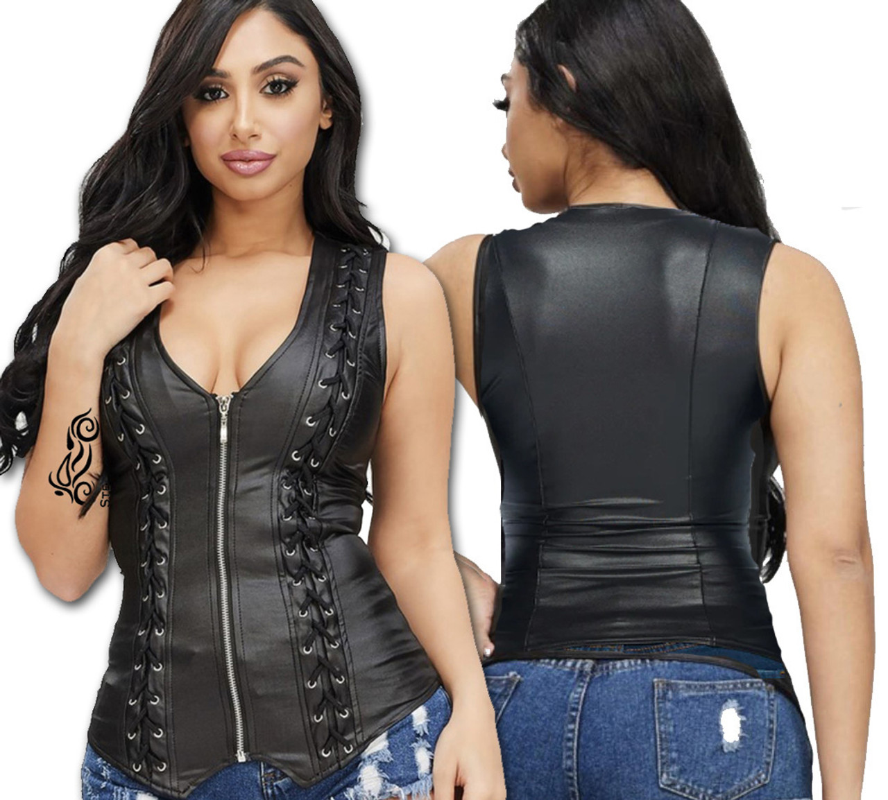 Ex625 Women's Solid Color Vest Front Zipper Sexy Lace Top Support