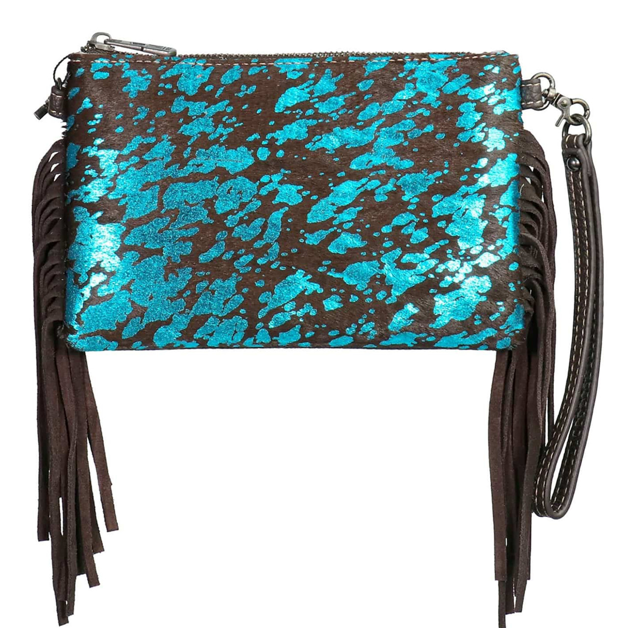 Cowhide fringe western turquoise crossbody