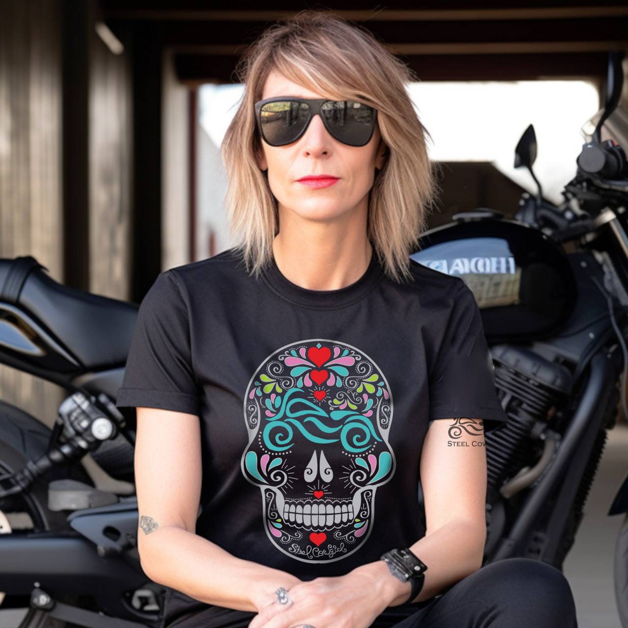 Motorcycle Eyes Sugar Skull on Black Crewneck T-Shirt