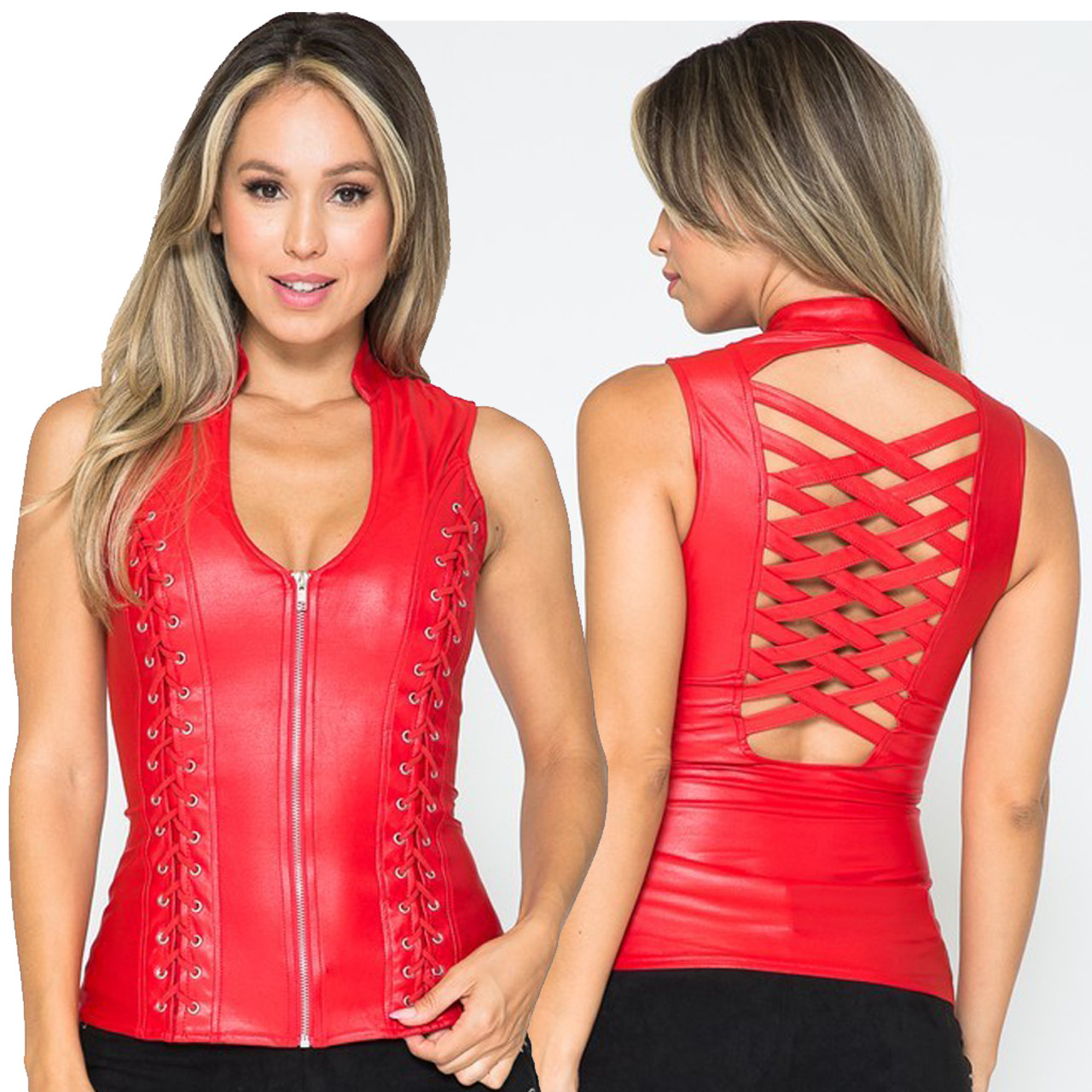 Shape Red Faux Leather Zip Detail Corset Top