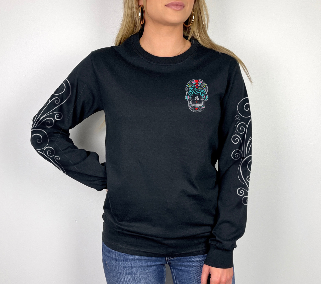 Motorcycle Eyes Sugar Skull Long Sleeve w/ Sleeve Graphics
