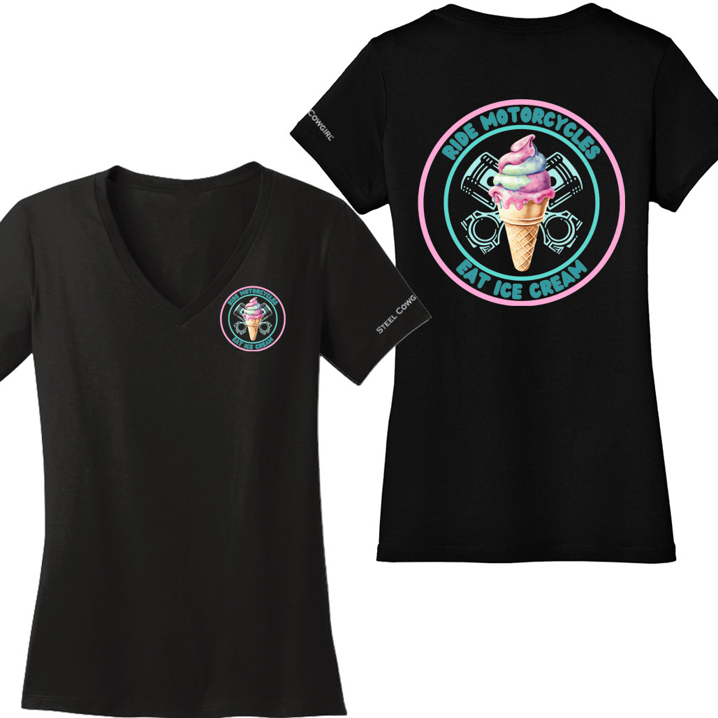 Ride Motorcycles Eat Ice Cream Short Sleeve Black V-Neck T-shirt
