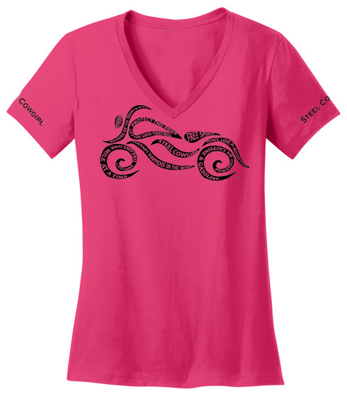 Steel Cowgirl "Sayings" V-Neck Motorcycle Shirt (Graphics are protected by copyright laws, unauthorized use is prohibited) Steel Cowgirl "Sayings" V-Neck Motorcycle Shirt (Graphics are protected by copyright laws, unauthorized use is prohibited)
