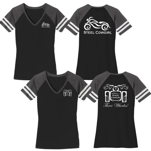 Steel Cowgirl Raglan V-Neck T-Shirt  w/ Classic Bike Or Trike Graphics (Graphics are protected by copyright laws, unauthorized use is prohibited)