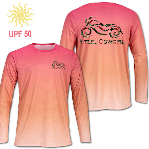 Tropical Steel Cowgirl Motorcycle Ombre UPF 50+ Wicking Shirt * Graphics are protected by copyright laws, unauthorized use is prohibited.