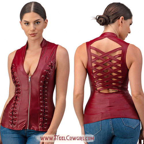 Deep Red Stretch Faux Leather Cross Back Zip Vest Top 