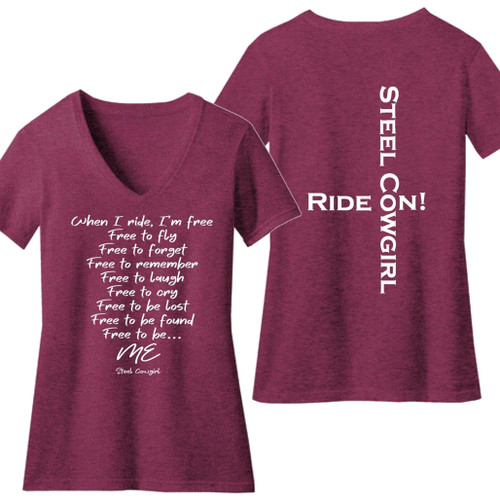 POEM ON FRONT: Free to be ME Short Sleeve Raspberry V-Neck T-Shirt * Graphics are protected by copyright laws and Steel Cowgirl is a trademark protected name, unauthorized use is prohibited.
