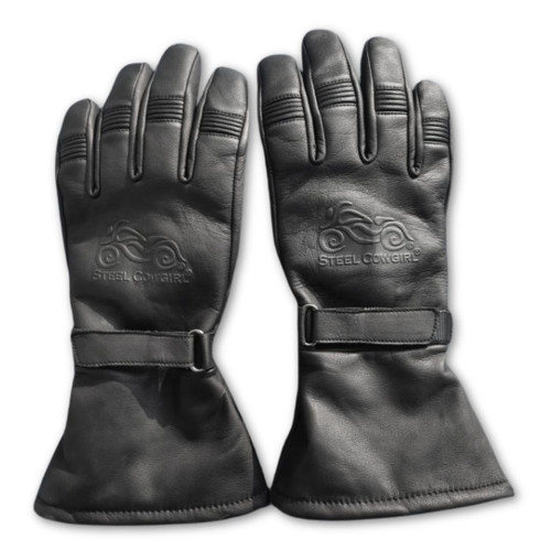 Steel Cowgirl Embossed Gauntlet Motorcycle Gloves * Steel Cowgirl is a Registered Trademark brand and the logo is copyright protected.  Unauthorized use is prohibited.
