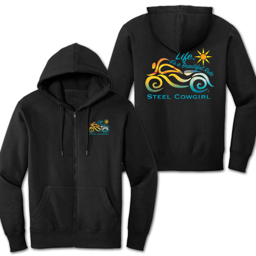 Life, it's a beautiful ride - Black Motorcycle Hoodie. Graphics are protected by copyright laws, unauthorized use is prohibited.