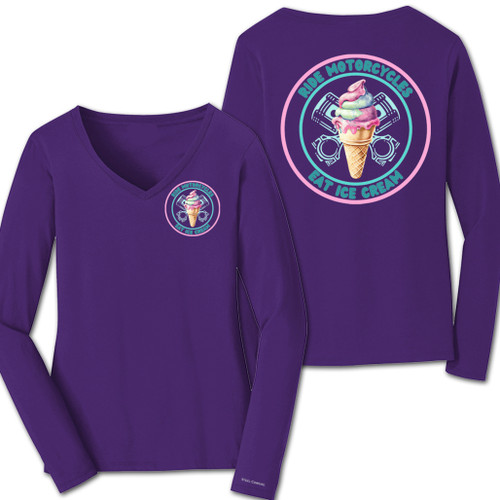 Ride Motorcycles Eat Ice Cream Long Sleeve Purple V-Neck T-shirt Ride Motorcycles Eat Ice Cream Long Sleeve Purple V-Neck T-shirt