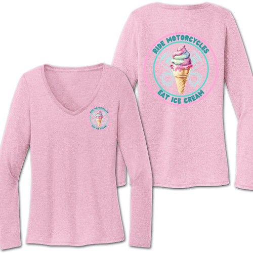 Ride Motorcycles Eat Ice Cream Long Sleeve Pink V-Neck T-shirt Ride Motorcycles Eat Ice Cream Long Sleeve Pink V-Neck T-shirt