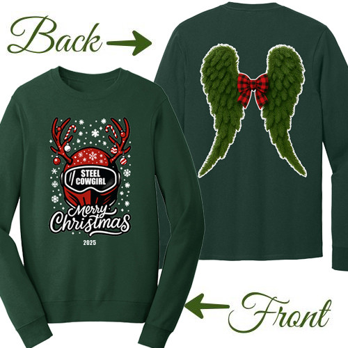 2025 Collectible Christmas Women's Motorcycle T-Shirt by Steel Cowgirl- LONG SLEEVE CREWNECK