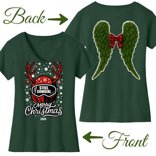 2025 Collectible Christmas Women's Motorcycle T-Shirt by Steel Cowgirl- SHORT SLEEVE V-NECK