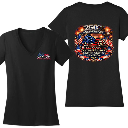Steel Cowgirl 250th Anniversary USA Patriotic Motorcycle Shirt - Front & Back Graphics