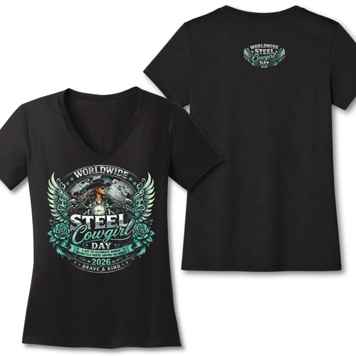 2026 Worldwide Steel Cowgirl Day Short Sleeve V-Neck - Large Front Graphic