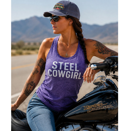 Steel Cowgirl Words Logo Racerback Tank Top – Purple Heather