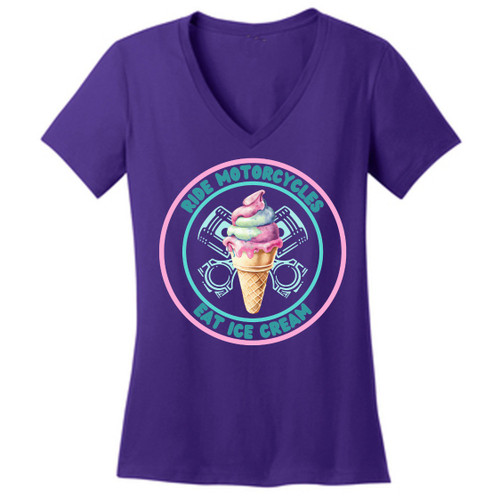 Ride Motorcycles Eat Ice Cream Purple Short Sleeve V-Neck T-Shirt
